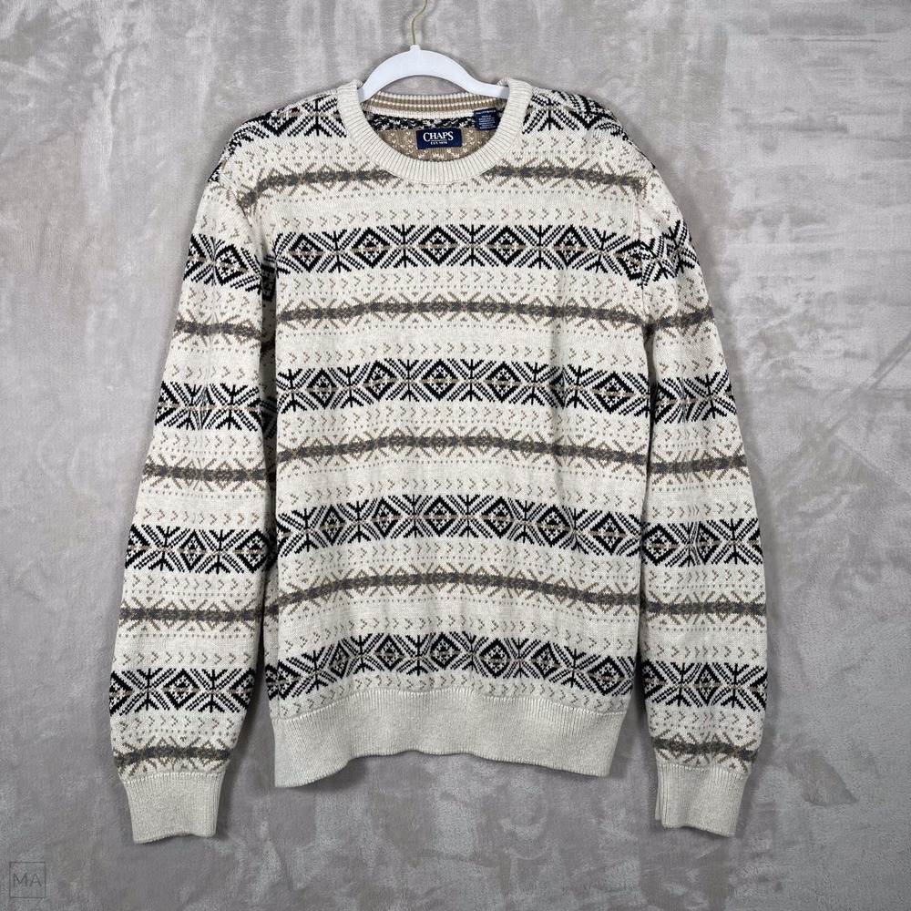 Chaps Men's Sweater Fair Isle Crewneck Knit Pullover Winter XXL Cream